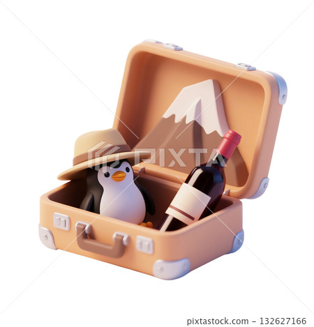 3D icon of South Africa suitcase with penguin, safari hat, wine bottle, and snowy mountain, isolated on white background 132627166
