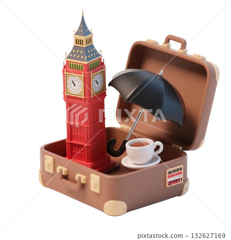 London 3D icon with brown suitcase holding Big Ben, black umbrella, cup of tea, isolated on white background London 3D icon with brown suitcase holding Big Ben, black umbrella, cup of tea, isolated on white background 132627169