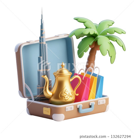 3D icon of Dubai suitcase with Burj Khalifa, palm tree, golden Arabic coffee pot, colorful shopping bags, on white 132627294