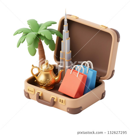 3D icon of Dubai travel scene with palm tree, Burj Khalifa, golden Arabic coffee pot, shopping bags, isolated on white 132627295