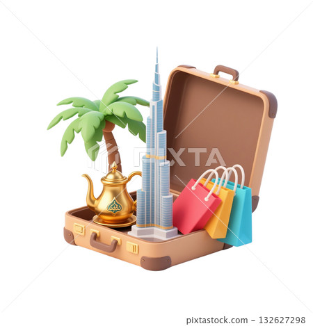 3D icon of Dubai city travel essentials with palm tree, Burj Khalifa, golden Arabic coffee pot, shopping bags 132627298