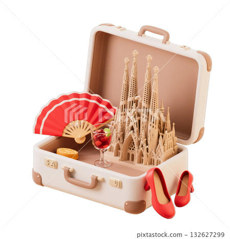 3D icon of Barcelona suitcase with Sagrada Familia, red fan, glass of sangria, orange slice, red high heels 3D icon of Barcelona suitcase with Sagrada Familia, red fan, glass of sangria, orange slice, red high heels 132627299
