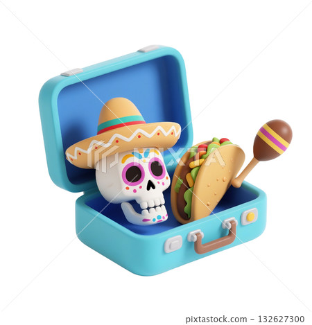 3D icon of suitcase with vibrant sugar skull, sombrero, taco, and maraca celebrating Mexican tradition, isolated 132627300