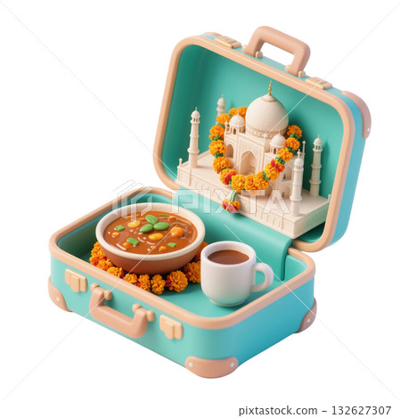 3D icon of India-inspired suitcase with Taj Mahal model, traditional curry, chai cup, marigold flowers, isolated 132627307