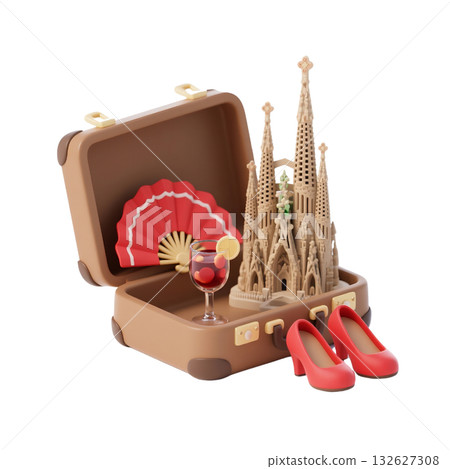 3D icon of Barcelona suitcase with Sagrada Familia, red fan, sangria glass, lemon slice, red heels, Spanish theme 3D icon of Barcelona suitcase with Sagrada Familia, red fan, sangria glass, lemon slice, red heels, Spanish theme 132627308