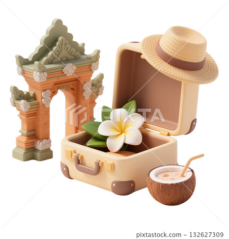 3D icon of tropical Bali travel elements with suitcase, frangipani flower, temple gate, straw hat, and coconut drink 3D icon of tropical Bali travel elements with suitcase, frangipani flower, temple gate, straw hat, and coconut drink 132627309