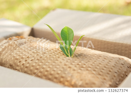 Green leaf on eco friendly brown paper honeycomb wrap for product packaging parcel carton box Green leaf on eco friendly brown paper honeycomb wrap for product packaging parcel carton box 132627374