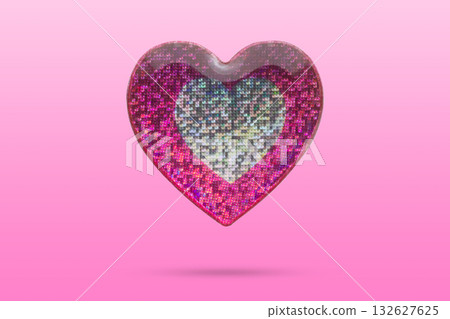 Pink heart shape hologram sticker flying on pink background 132627625