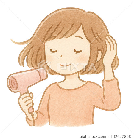 【人物】一位女士用吹風機吹乾頭髮的插圖 / 波波頭 132627808