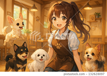 Smiling staff and cute dogs at a dog cafe - A warm anime illustration Smiling staff and cute dogs at a dog cafe - A warm anime illustration 132628097