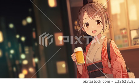 一位身穿和服的女子手持啤酒 一位身穿和服的女子手持啤酒 132628183