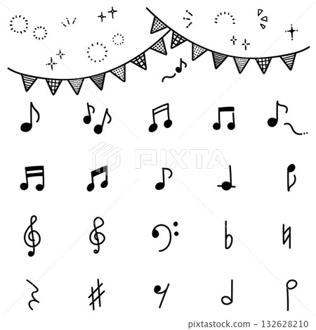 Hand-drawn musical notes and symbols set. Monochrome illustration of garlands and glitter (transparent background). 132628210