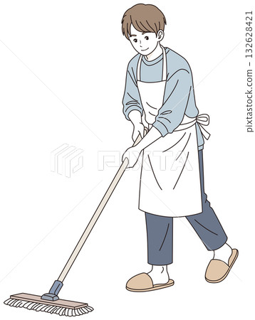 男人用拖把清潔地板 132628421