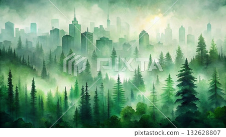 Abstract watercolor city skyline at dawn vertical rectangular brush strokes background  132628807
