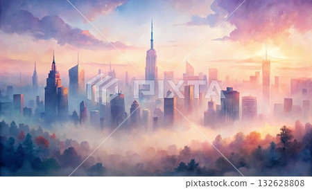 Abstract watercolor city skyline at dawn vertical rectangular brush strokes background Abstract watercolor city skyline at dawn vertical rectangular brush strokes background 132628808