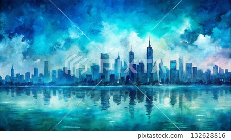 Abstract watercolor city skyline at dawn vertical rectangular brush strokes background Abstract watercolor city skyline at dawn vertical rectangular brush strokes background 132628816