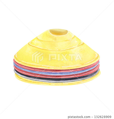 Stack of colorful training cones watercolor illustration 132628909
