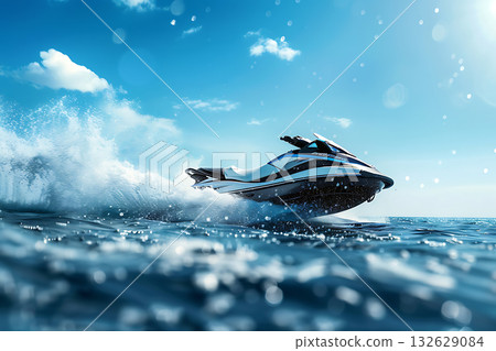 水上摩托車在蔚藍的大海上飛馳 132629084