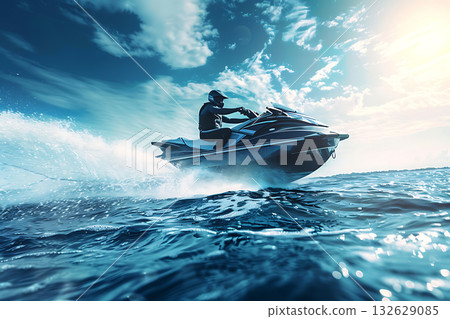 水上摩托車在蔚藍的大海上飛馳 132629085