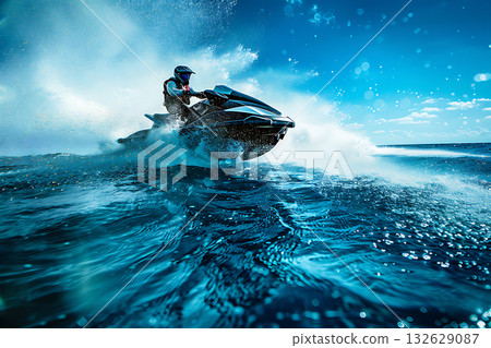 Jet skis speeding through the blue sea 132629087