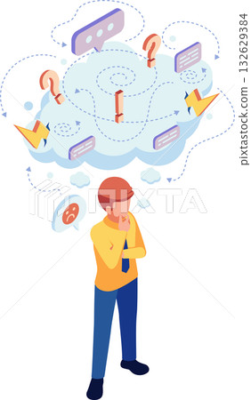 Isometric Man Overthinking with Cloud of Confusing Thoughts Isometric Man Overthinking with Cloud of Confusing Thoughts 132629384