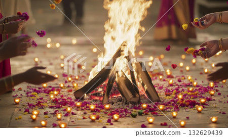 Bonfire with flowers and candles during Holika Dahan celebration in India Bonfire with flowers and candles during Holika Dahan celebration in India 132629439