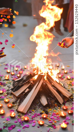 Bonfire with flowers and candles during Holika Dahan celebration in India 132629440