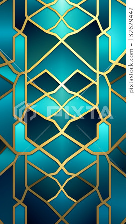 Stained glass floral pattern in shades of teal blue and golden yellow, suitable as Arabic background 132629442