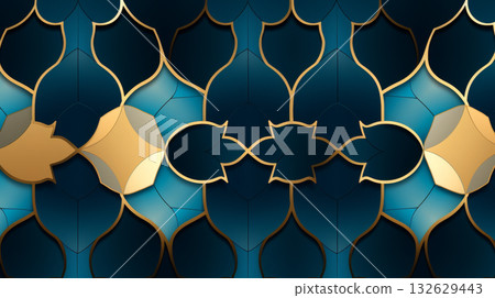 Stained glass floral pattern in shades of teal blue and golden yellow, suitable as Arabic background Stained glass floral pattern in shades of teal blue and golden yellow, suitable as Arabic background 132629443