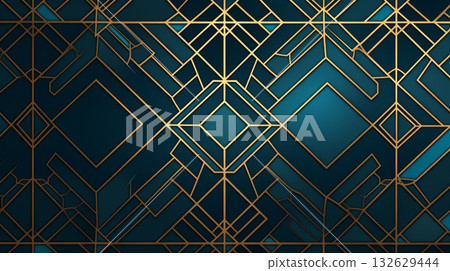 Stained glass floral pattern in shades of teal blue and golden yellow, suitable as Arabic background 132629444