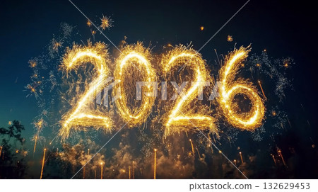 New year celebration 2026 fireworks display against dark sky, background 132629453