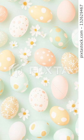 Easter eggs and daisies on pastel mint green backdrop, festive spring background 132629467