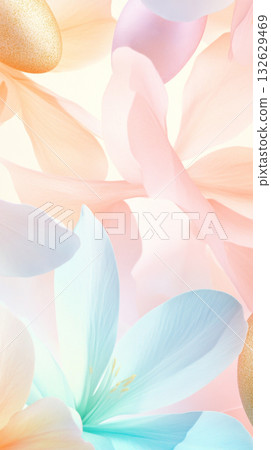 Easter pastel and golden eggs with tropical exotic flowers on soft pastel background 132629469