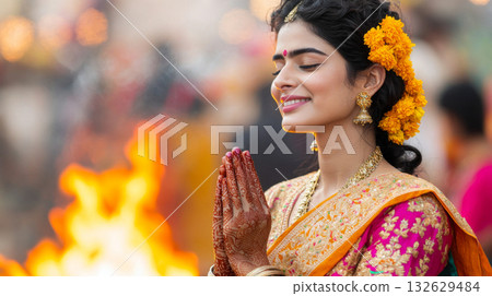 Young Indian woman praying by fire during Holika Dahan celebration 132629484