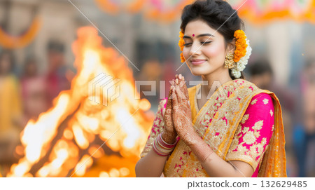 Young Indian woman praying by fire during Holika Dahan celebration 132629485
