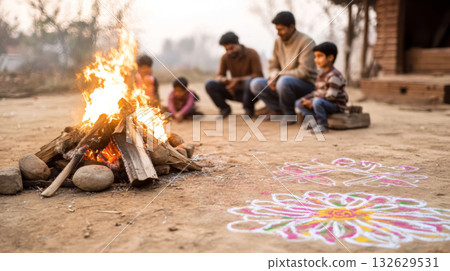 Indian family praying by fire during Holika Dahan celebration Indian family praying by fire during Holika Dahan celebration 132629531
