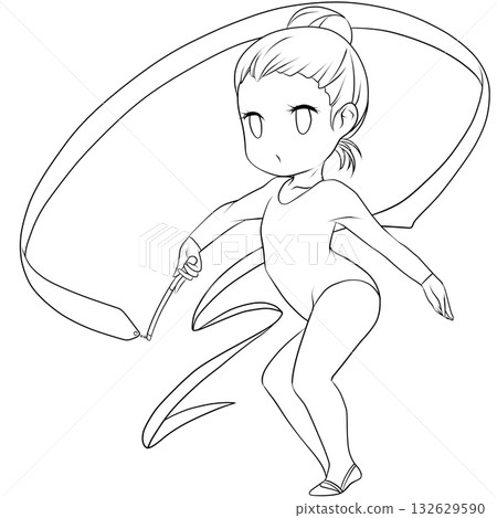 Young female rhythmic gymnast. Female rhythmic gymnast performing a ribbon routine. Simple and cute clip art/line drawing Young female rhythmic gymnast. Female rhythmic gymnast performing a ribbon routine. Simple and cute clip art/line drawing 132629590