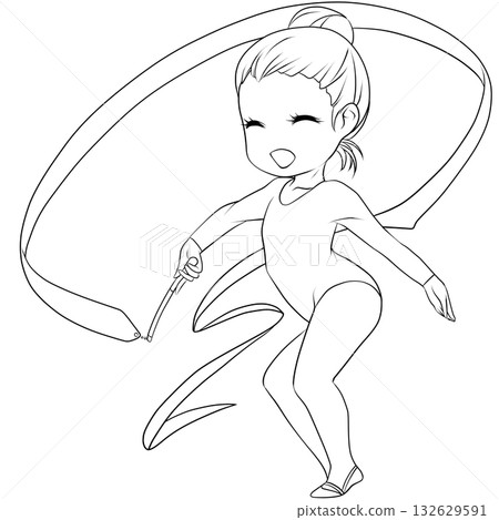 年輕的女子藝術體操運動員。女子藝術體操選手正在表演彩帶動作。簡潔可愛的剪貼畫/線條畫。 132629591