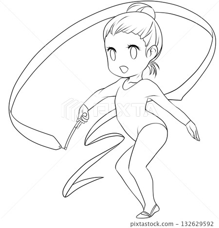 Young female rhythmic gymnast. Female rhythmic gymnast performing a ribbon routine. Simple and cute clip art/line drawing Young female rhythmic gymnast. Female rhythmic gymnast performing a ribbon routine. Simple and cute clip art/line drawing 132629592