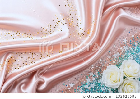 Background material with white roses on pink silk fabric Background material with white roses on pink silk fabric 132629593