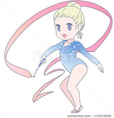 A young female rhythmic gymnast. A female rhythmic gymnast performing a ribbon routine. Simple and cute clip art 132629940