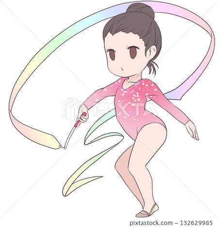 年輕的藝術體操女運動員。一位藝術體操女運動員正在表演彩帶動作。簡潔可愛的剪貼畫。 132629985