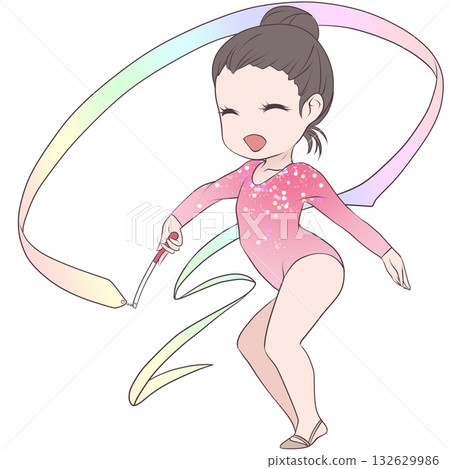 年輕的藝術體操女運動員。一位藝術體操女運動員正在表演彩帶動作。簡潔可愛的剪貼畫。 132629986