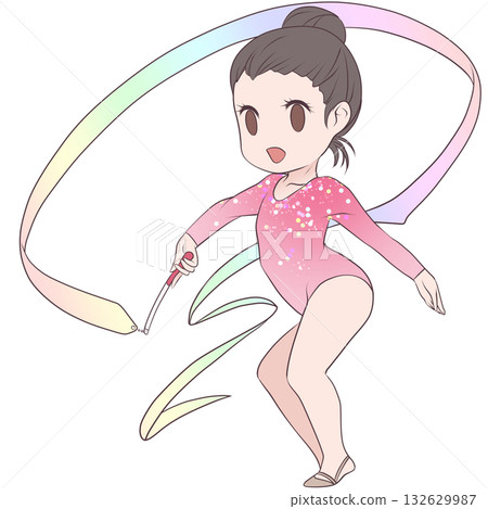 A young female rhythmic gymnast. A female rhythmic gymnast performing a ribbon routine. Simple and cute clip art 132629987