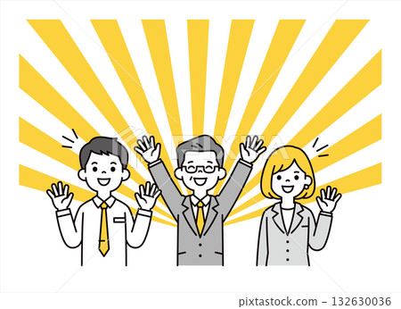 一組上半身向量插圖，描繪了一位總統欣喜地歡呼，以及面帶微笑的男女商人。 132630036