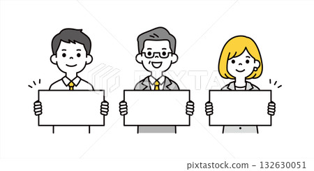 An upper body vector illustration set of an elderly president and young male and female office workers introducing themselves with a flip chart An upper body vector illustration set of an elderly president and young male and female office workers introducing themselves with a flip chart 132630051
