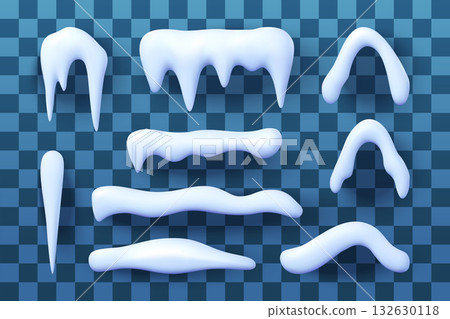 3D Set of realistic snow caps drifts and snowballs 132630118