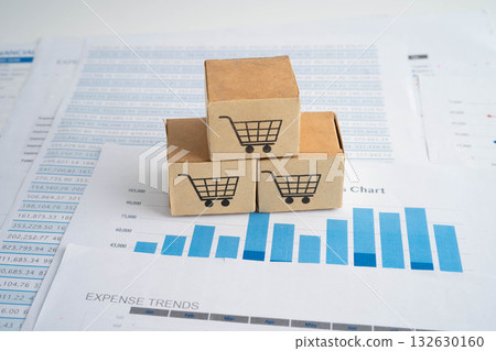 Online shopping, Shopping cart box on business graph, import export, finance commerce. 132630160