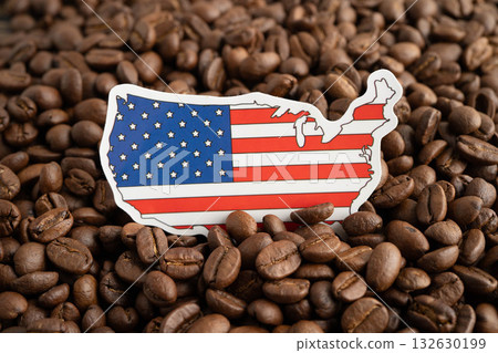 US America flag on coffee beans, shopping online for export or import food product. US America flag on coffee beans, shopping online for export or import food product. 132630199