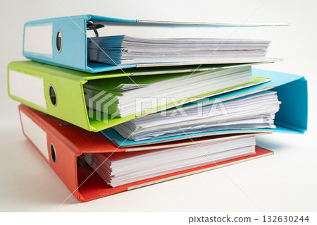 Stack of business finance data finder on white background. 132630244